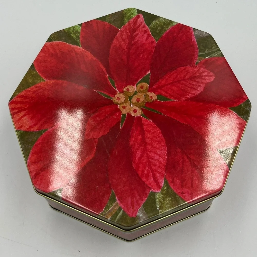 Winterhill Studios Christmas Tin Unisex OS Red NWOT Poinsettia Octagon